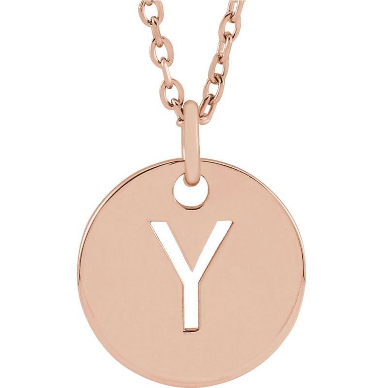 14k Rose Gold Initial Y, Small 10mm Pierced Disc Necklace, 16-18 Inch